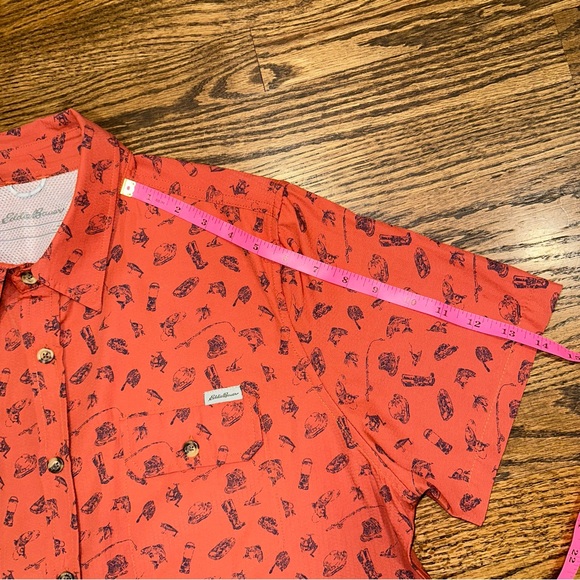 Mens L Eddie Bauer button up short sleeve shirt burnt orange equestrian pattern - Picture 3 of 9